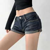 Low Rise Washed Roll Up Hem Denim Shorts