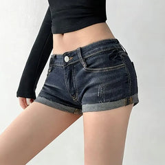Low Rise Washed Roll Up Hem Denim Shorts