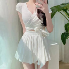 Set: Short-Sleeve V-Neck Plain Crop Rash Guard + Swim Skirt