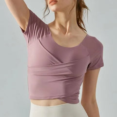 Short-Sleeve Round Neck Plain Criss Cross Yoga T-Shirt
