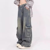 Mid Waist Washed Baggy Cargo Jeans