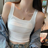 Square Neck Plain Ruched Padded Crop Tank Top