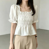 Puff-Sleeve Square Neck Plain Frill Trim Smocked Peplum Crop Blouse