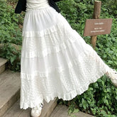 High Waist Plain Eyelet Lace Panel Tiered Maxi A-Line Skirt