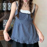 Mock Two Piece Square-Neck Lace-Trim Color-Block Checked Cami Top