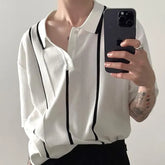 Elbow-Sleeve Striped Knit Polo Shirt
