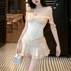 Lace Ruffle Cami Top / Low Waist Mini A-Line Layered Skirt