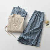 Pajama Set: 3/4-Sleeve Striped Kimono Top + Shorts