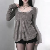 Long Sleeve Square-Neck Plain Cable-Knit Button-Up Loose-Fit Knit Top