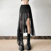 Mid Rise Sheer Panel Asymmetrical Hem Slit Midi Pencil Skirt