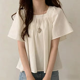 Short-Sleeve Square-Neck Plain Shirred Blouse