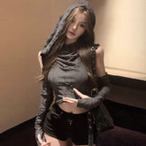 Sleeveless Hooded Plain Distressed Crop Top with Arm Sleeves