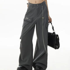 Set: Mid Waist Plain Baggy Cargo Pants + Waist Chain