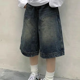 High Rise Washed Loose Fit Wide Leg Denim Jorts