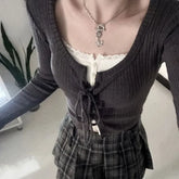 Henley Plain Ribbed Lace Trim Cami Top / Tie Front Cardigan / Mid Rise Plaid Pleated Mini A-Line Skirt