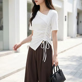 Short-Sleeve Asymmetrical Neck Plain Drawstring T-Shirt