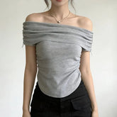 Off Shoulder Short Sleeve Plain Cropped Top