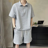 Set: Elbow-Sleeve Plain Textured Half-Zip Polo Shirt + Drawstring Waist Wide Leg Sweat Shorts
