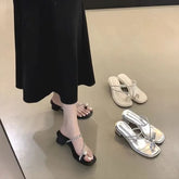 Rhinestone Beaded Toe Ring Chunky Heel Slide Sandals