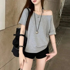 Short-Sleeve Boat Neck Plain Loose-Fit Tee