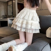 Balletcore Elastic Waist Lace Panel Tiered Mini A-Line Skirt