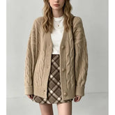 Long Sleeve V-Neck Plain Cable Knit Cardigan