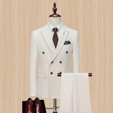 Set: Lapel Collar Plain Double Breasted Blazer + Mid Rise Plain Dress Pants + Collared Button Shirt