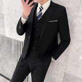 Set: Lapel Collar Plain Single Breasted Blazer + Mid Rise Plain Dress Pants + V-Neck Plain Single Breasted Vest