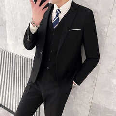 Set: Lapel Collar Plain Single Breasted Blazer + Mid Rise Plain Dress Pants + V-Neck Plain Single Breasted Vest