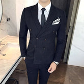 Set: Lapel Collar Pinstriped Double Breasted Blazer + Mid Rise Pinstriped Dress Pants + V-Neck Pinstriped Single Breasted Vest