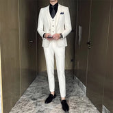 Set: Lapel Collar Plain Single Button Blazer + Mid Rise Plain Dress Pants + V-Neck Plain Single Breasted Vest