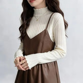 Ruffle Mock Neck Plain Ribbed Knitted Top