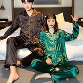 Couple Matching Pajama Set: Long-Sleeve Satin Top + Pants