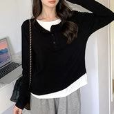 Long Sleeve Mock Two Piece Color-Block Loose-Fit Tee