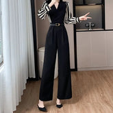 Long-Sleeve V-Neck Striped Panel Wide Leg Jumpsuit