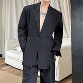 Set: Lapel Collar Plain Slit Button Blazer + Mid Rise Plain Dress Pants