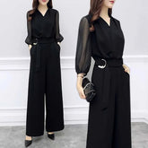 Puff-Sleeve V-Neck Plain Tie Waist Wide Leg Jumpsuit