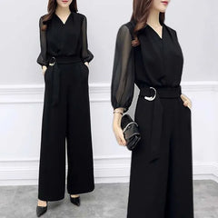 Puff-Sleeve V-Neck Plain Tie Waist Wide Leg Jumpsuit