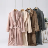 Couple Matching Shawl Collar Plain Coral Fleece Tie Front Robe (Various Designs)