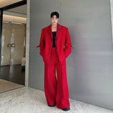 Set: Plain Sing-Breasted Blazer + High Waist Wide Leg Pants