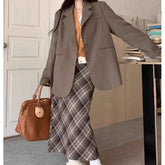 V-Neck Plain Cardigan / Single-Breasted Blazer / High Rise Plaid Maxi Pencil Skirt