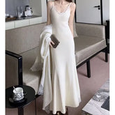 Spaghetti Strap V-Neck Plain Lace Trim Maxi Mermaid Knit Dress / Shawl