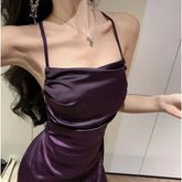 Spaghetti Strap Plain Ruched Slit Maxi A-Line Dress