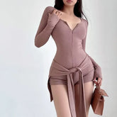 Long Sleeve Scoop Neck Plain Tie-Up Zip Romper