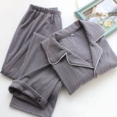 Pajama Set: Long-Sleeve Lapel Collar Contrast Trim Button-Up Top + Pants
