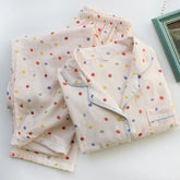 Pajama Set: Long-Sleeve Lapel Collar Dotted Button-Up Top + Pants