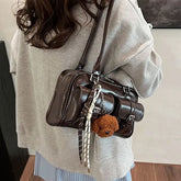 Multi-Pocket Faux Leather Bowling Tote Bag
