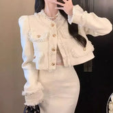Set: Round Neck Plain Fringed Crop Button Jacket + High Rise Midi Pencil Skirt