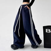 Drawstring Waist Ruffled-Trim Striped Baggy Sweatpants