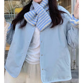 Striped Fleece Padded Button Jacket / Scarf